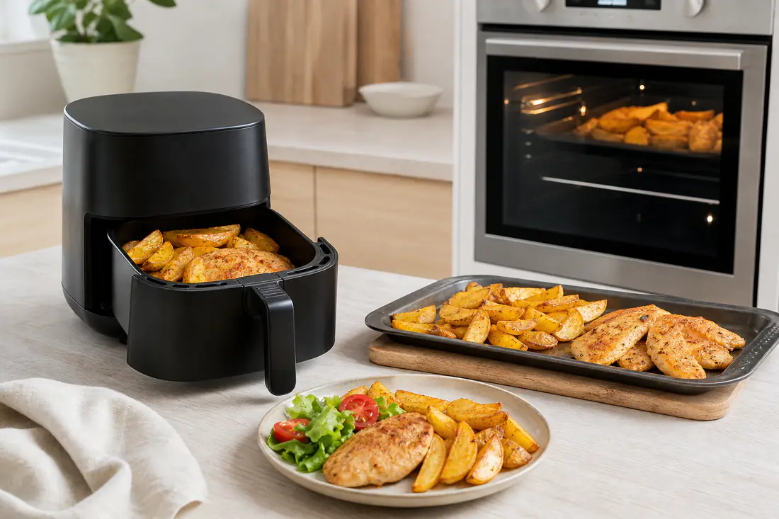 Airfryer og stekeovn side om side på kjøkkenet med hvert sitt brett potetbåter og kyllingfileter