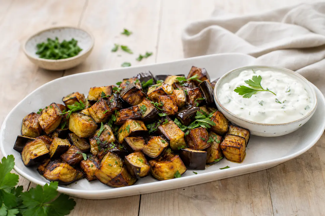 Gyllenstekte terninger av aubergine med hakket persille på et hvitt fat ved siden av en skål med yoghurtdip
