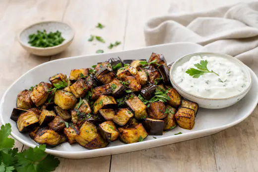Gyllenstekte terninger av aubergine med hakket persille på et hvitt fat ved siden av en skål med yoghurtdip