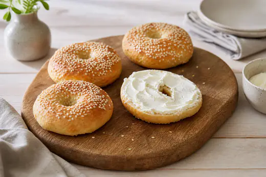 Fire gylne hjemmelagde bagels med sesamfrø på et skjærebrett, den ene delt med kremost
