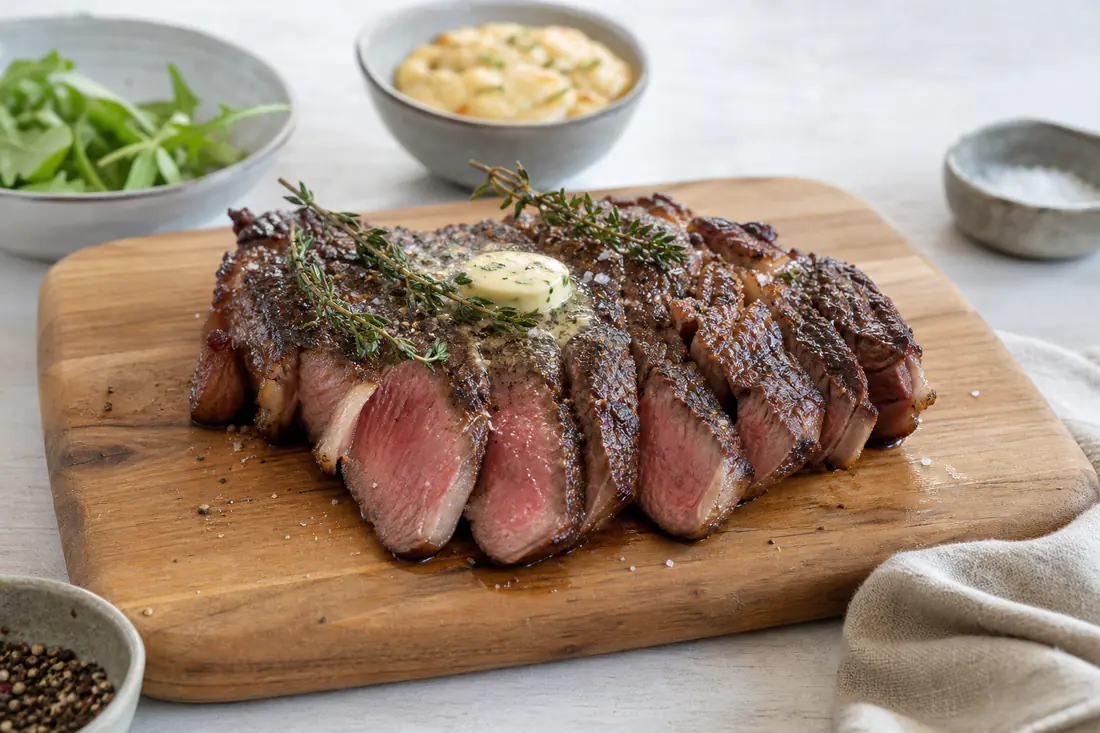 Skåret entrecôte med rosa kjerne og brun stekeskorpe på et skjærebrett med timian og en smørklatt