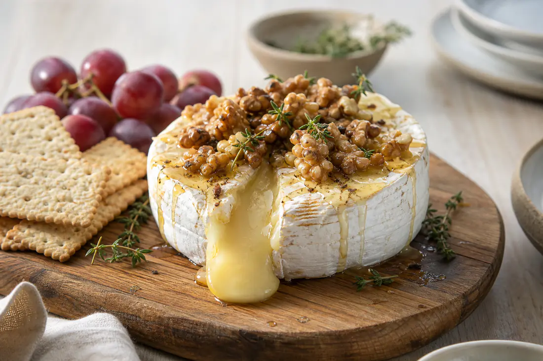 Hel bakt brie med smeltet midte, honning, valnøtter og timian på et trebrett med kjeks og druer
