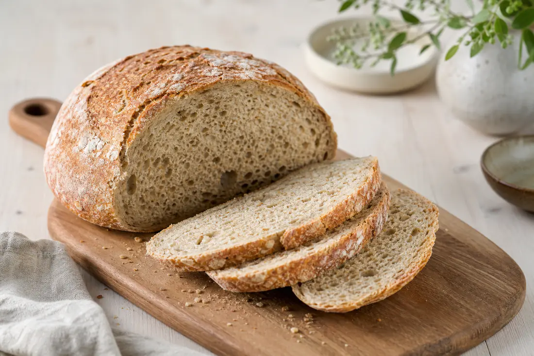 Rundt, halvgrovt brød med sprø skorpe på et skjærebrett, med noen skiver skåret av