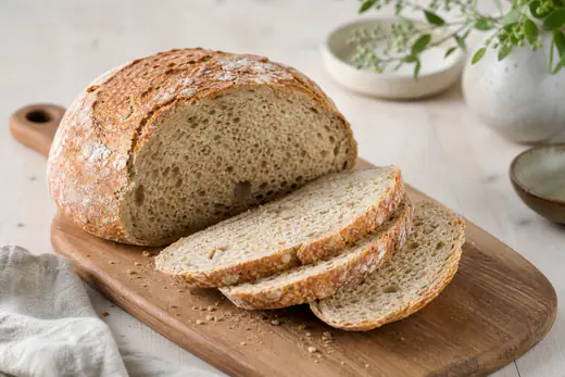 Rundt, halvgrovt brød med sprø skorpe på et skjærebrett, med noen skiver skåret av
