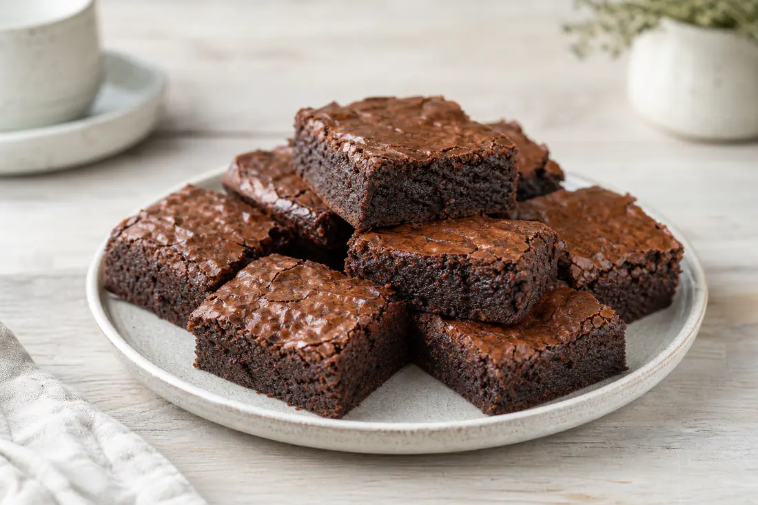 Firkantede brownies med blank sprukket overflate og kladdete midte, stablet på en tallerken