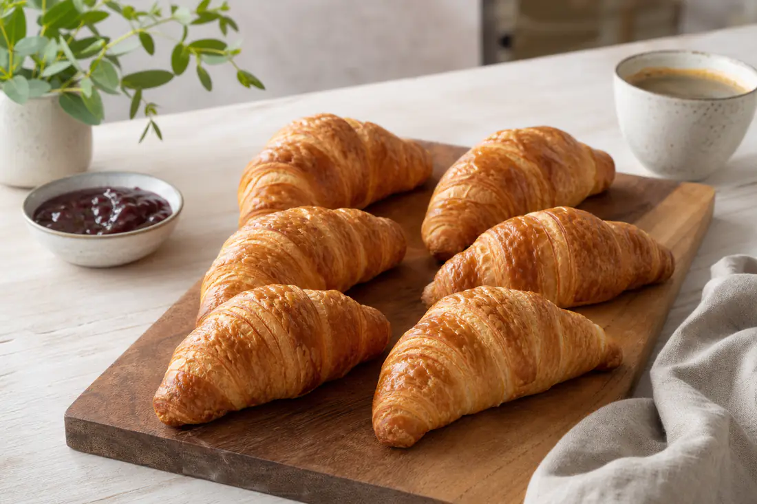 Seks gyllenbrune croissanter på et trebrett med en skål syltetøy og en kopp kaffe