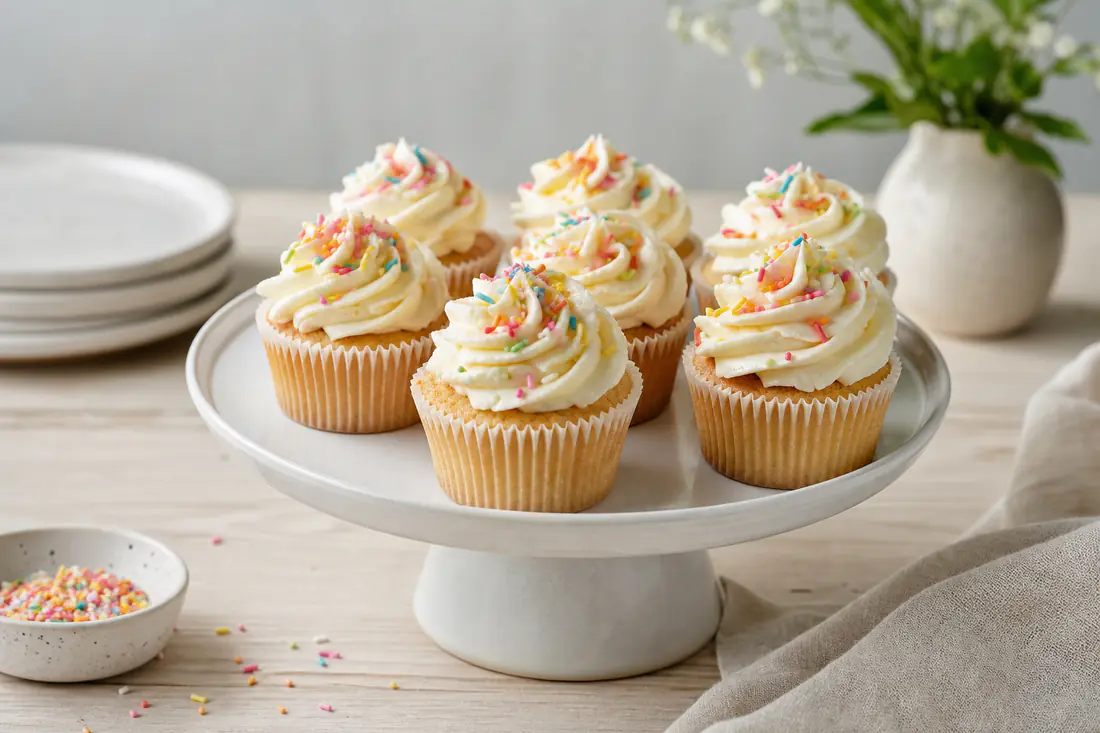 Vaniljecupcakes med hvit smørkrem og strøssel i papirformer på et lyst kakefat