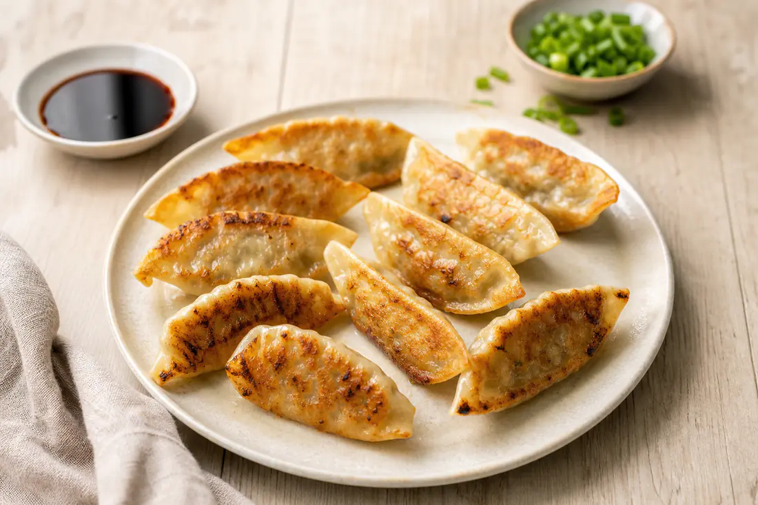 Gyllenbrune halvmåneformede gyoza med sprø bunn på en tallerken med dippsaus og hakket vårløk