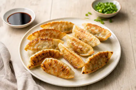 Gyllenbrune halvmåneformede gyoza med sprø bunn på en tallerken med dippsaus og hakket vårløk