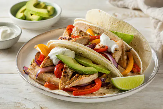 Fajitas med stekte kyllingstrimler, paprika og rødløk i tortillalefser, med rømme, avokado og lime
