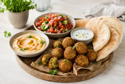 Gyllenbrune falafler på et brett med pitabrød, hummus, tomatsalat og en skål yoghurtdressing