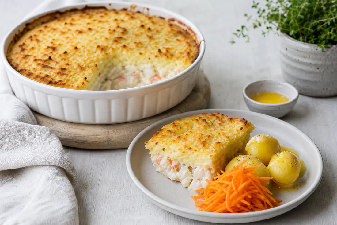 Gyllen fiskegrateng i en rund form, med en porsjon på tallerken med kokte poteter, gulrøtter og smør