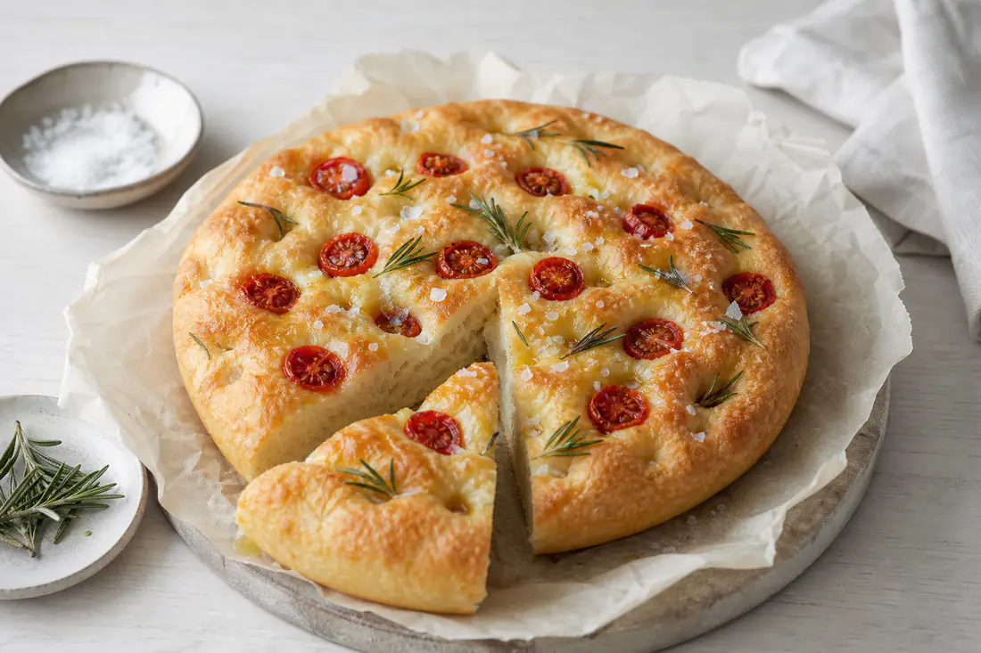 Rund focaccia med gyllen skorpe, rosmarin, flaksalt og halverte cherrytomater i fingerhuller