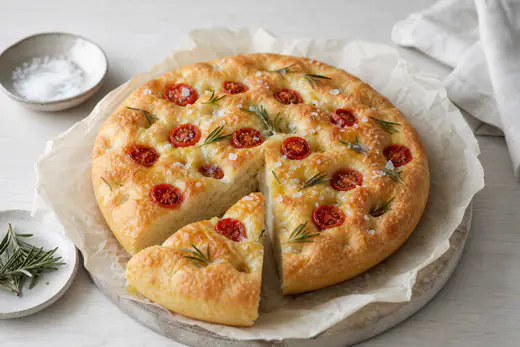 Rund focaccia med gyllen skorpe, rosmarin, flaksalt og halverte cherrytomater i fingerhuller