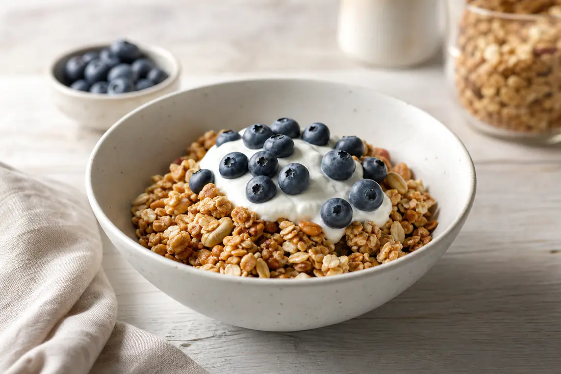 Skål med gyllen sprø granola med klynger av havregryn og nøtter, toppet med yoghurt og blåbær