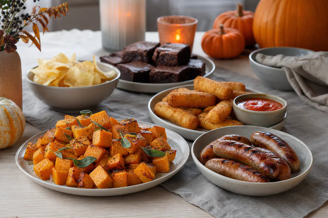 Halloweenbord med ristede gresskarbiter, mozzarella sticks, pølser, potetchips og brownies på mørke fat