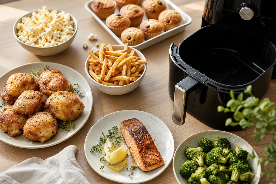 Bord med kyllinglår, pommes frites, laksefilet, brokkoli, muffins og popcorn rundt en åpen airfryerkurv