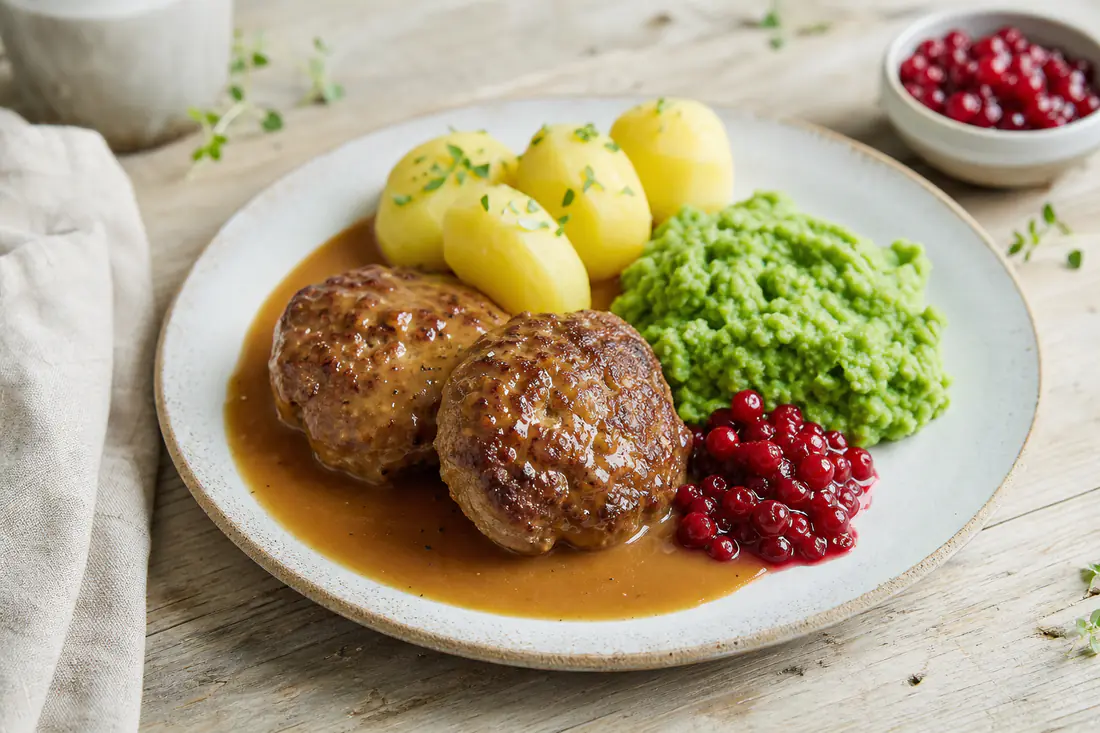 Brunstekte kjøttkaker med brun saus, kokte poteter, ertestuing og tyttebær på en tallerken