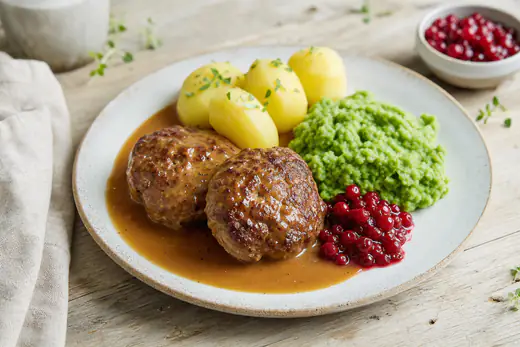 Brunstekte kjøttkaker med brun saus, kokte poteter, ertestuing og tyttebær på en tallerken