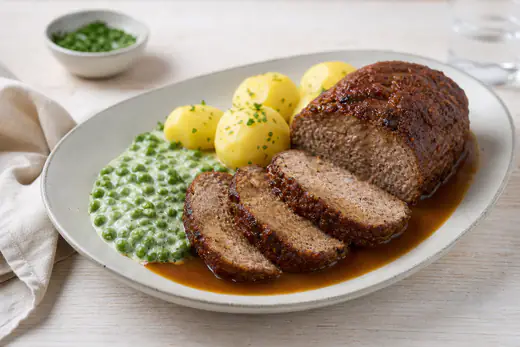 Skiver av hjemmelaget kjøttpudding med brun skorpe på et fat med kokte poteter, brun saus og ertestuing