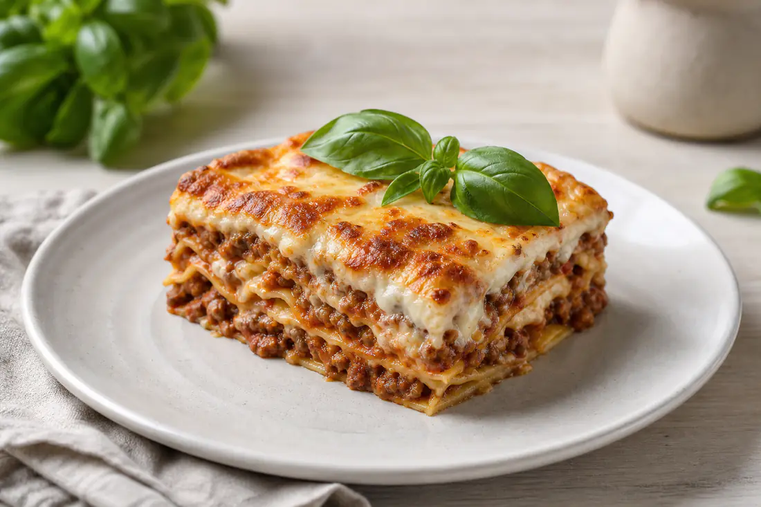 Et stykke lasagne med gyllen ost og lag av kjøttsaus og hvit saus på en tallerken med frisk basilikum