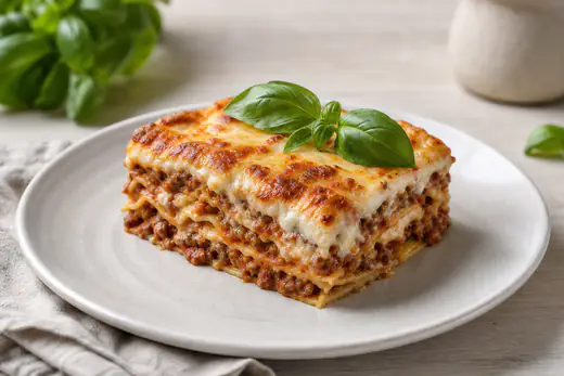 Et stykke lasagne med gyllen ost og lag av kjøttsaus og hvit saus på en tallerken med frisk basilikum