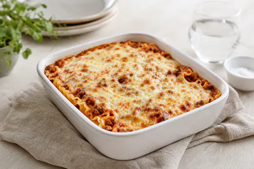 Lasagnette med bølgete båndpasta og kjøttsaus under gyllen, boblende ost i en liten ildfast form