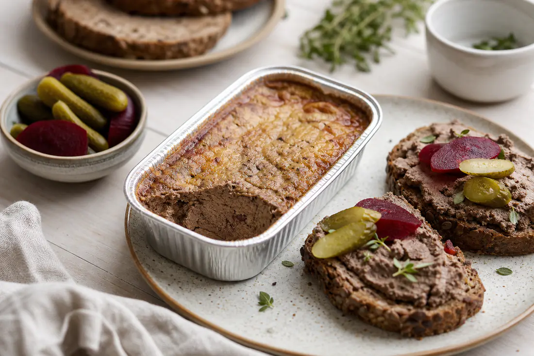 Lun hjemmelaget leverpostei i en liten aluminiumsform ved siden av grove brødskiver med postei, sylteagurk og rødbeter