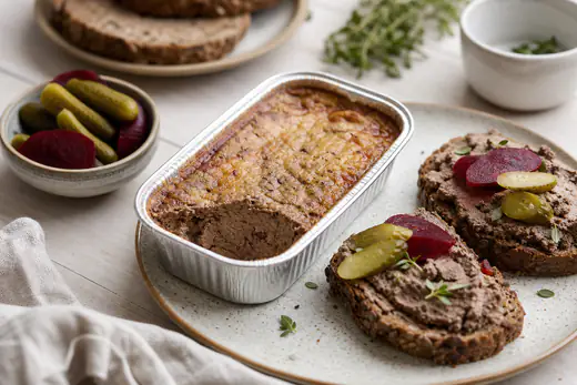 Lun hjemmelaget leverpostei i en liten aluminiumsform ved siden av grove brødskiver med postei, sylteagurk og rødbeter