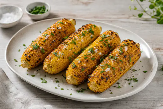 Fire grillede maiskolber med smeltet smør, flaksalt og hakket persille på et avlangt fat