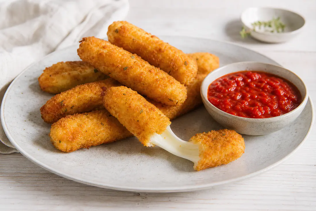 Gyllenbrune mozzarella sticks, en delt i to med trådete smeltet ost, på en tallerken med tomatdipp