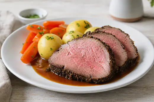 Skåret oksestek med rosa kjøtt og mørk skorpe på en tallerken med poteter, brun saus og gulrøtter