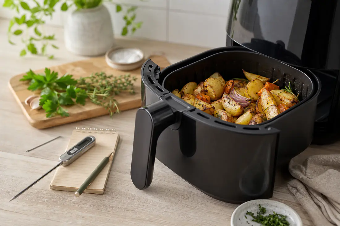 Airfryer med stekte poteter og grønnsaker, steketermometer og ferske urter på kjøkkenbenken