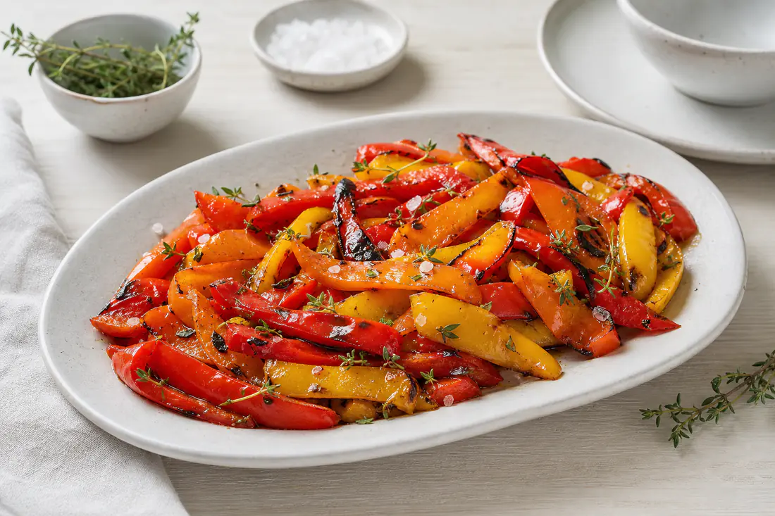 Grillede strimler av rød, gul og oransje paprika med svidde kanter på et fat med flaksalt og timian