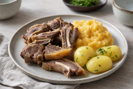 Dampede pinnekjøttribber med brunet, sprø fettkant på et fat med kålrabistappe, poteter og sprø bacon