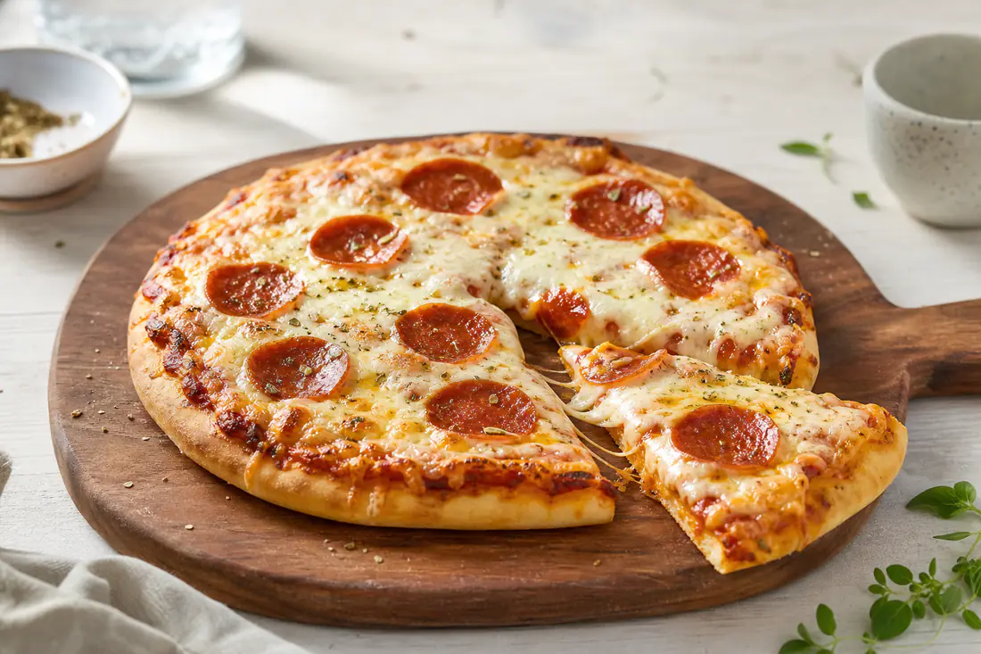 Liten hjemmelaget pizza med smeltet mozzarella, pepperoni og oregano på et trebrett