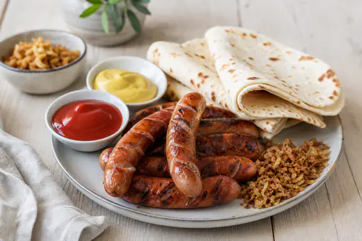 Brunstekte grillpølser med sprukket skinn på et fat med lomper, sennep, ketchup og sprøstekt løk