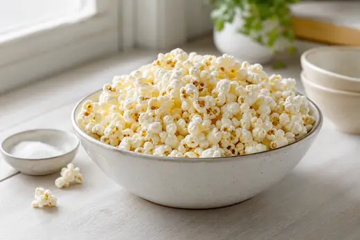 Nypoppede popcorn med salt i en stor bolle på et kjøkkenbord