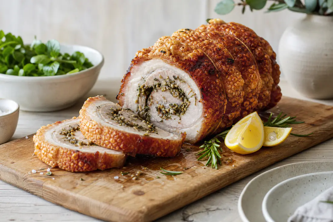 Skåret porchetta med sprø, gyllen svor og krydderfyll av urter på et brett med sitronbåter