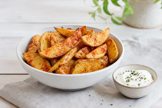 Sprø potetbåter med skall og paprikakrydder i en hvit keramikkskål med en liten skål rømmedressing