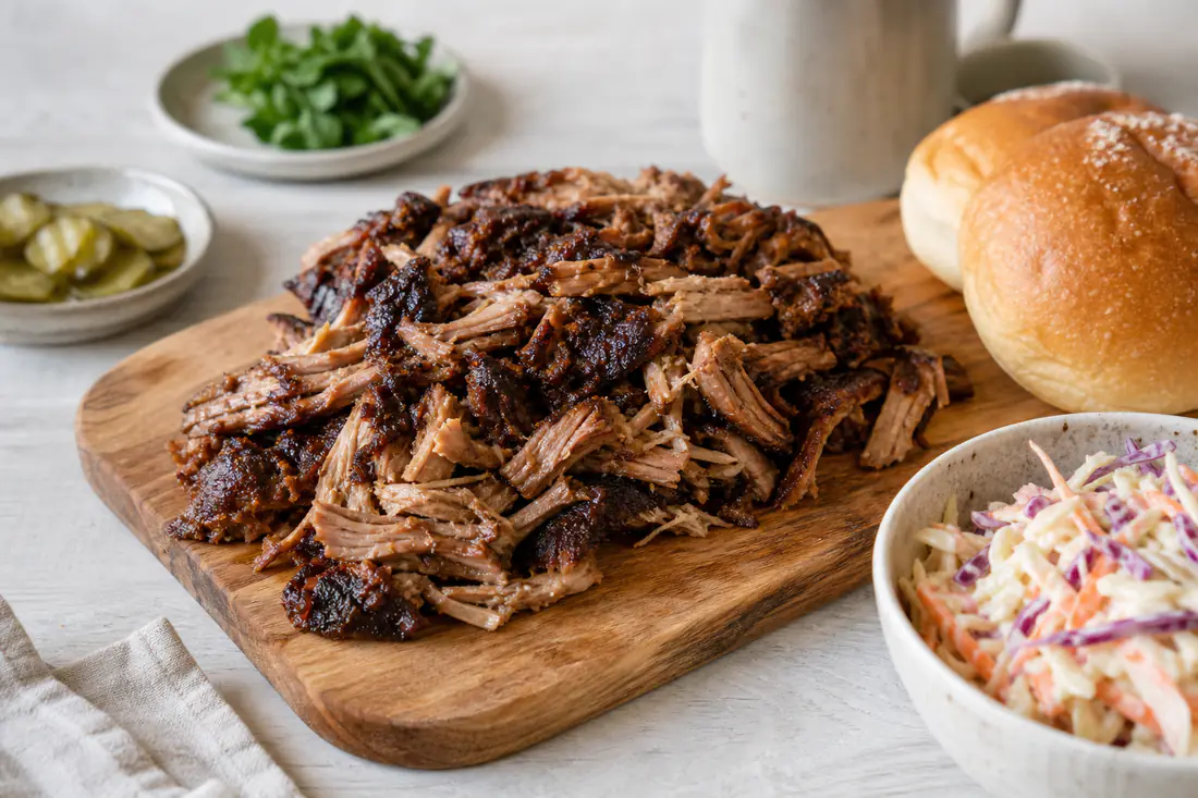Trevlet pulled pork med mørk krydderskorpe på et skjærebrett, ved siden av hamburgerbrød og coleslaw