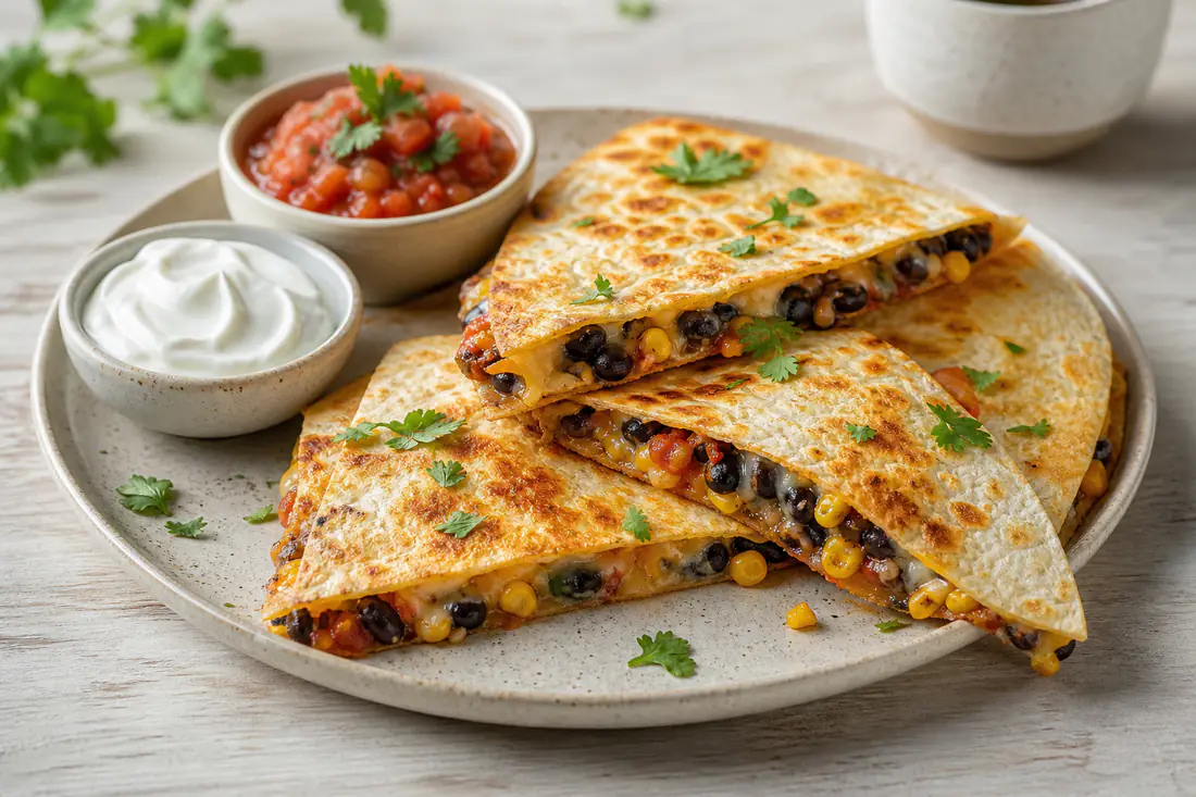 Gyllen quesadilla skåret i trekanter med smeltet ost, svarte bønner og mais, med rømme og salsa ved siden av