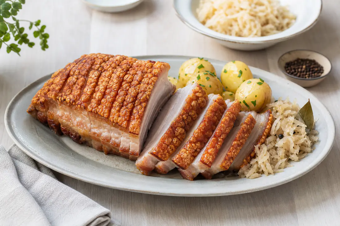 Ribbestek i skiver med sprø, boblende svor på et fat med surkål og kokte poteter