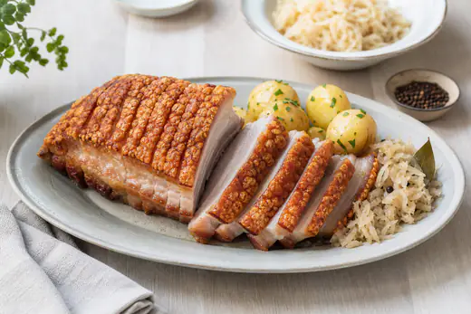 Ribbestek i skiver med sprø, boblende svor på et fat med surkål og kokte poteter