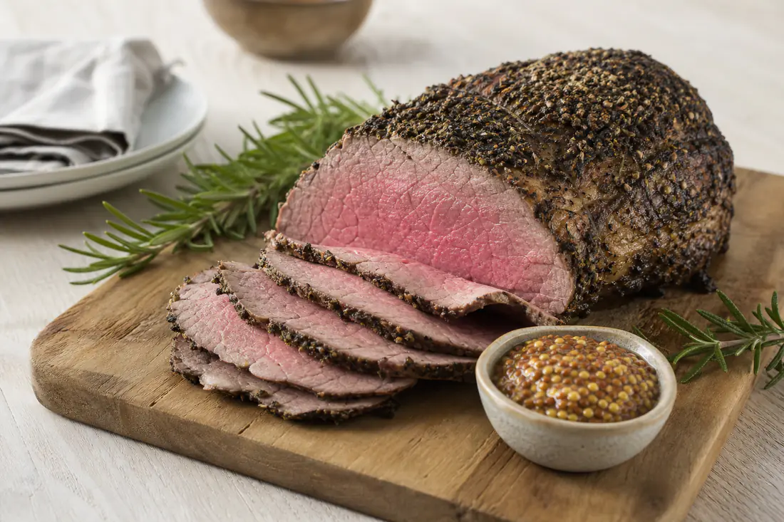 Roastbiff med mørk krydderskorpe skåret i tynne, rosa skiver på et skjærebrett med rosmarin og grovkornet sennep