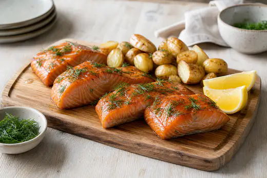Glasert varmrøkt laks med dill på et skjærebrett, servert med sitronbåter og småpoteter