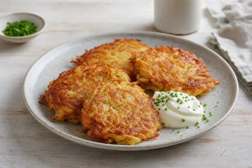 Fire gylne, sprø rösti av revne poteter på en tallerken med en klatt rømme og hakket gressløk