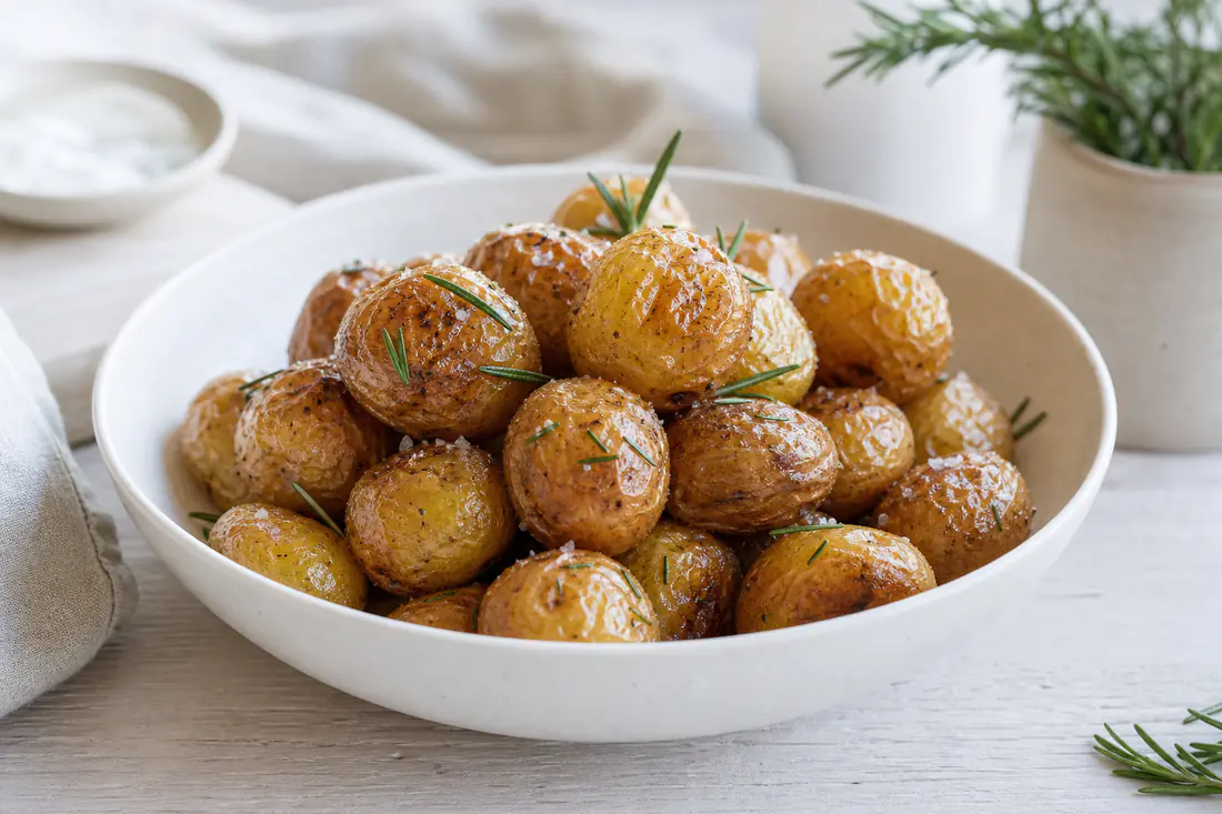 Hele gylne småpoteter med flaksalt og rosmarin i en hvit skål