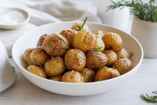 Hele gylne småpoteter med flaksalt og rosmarin i en hvit skål