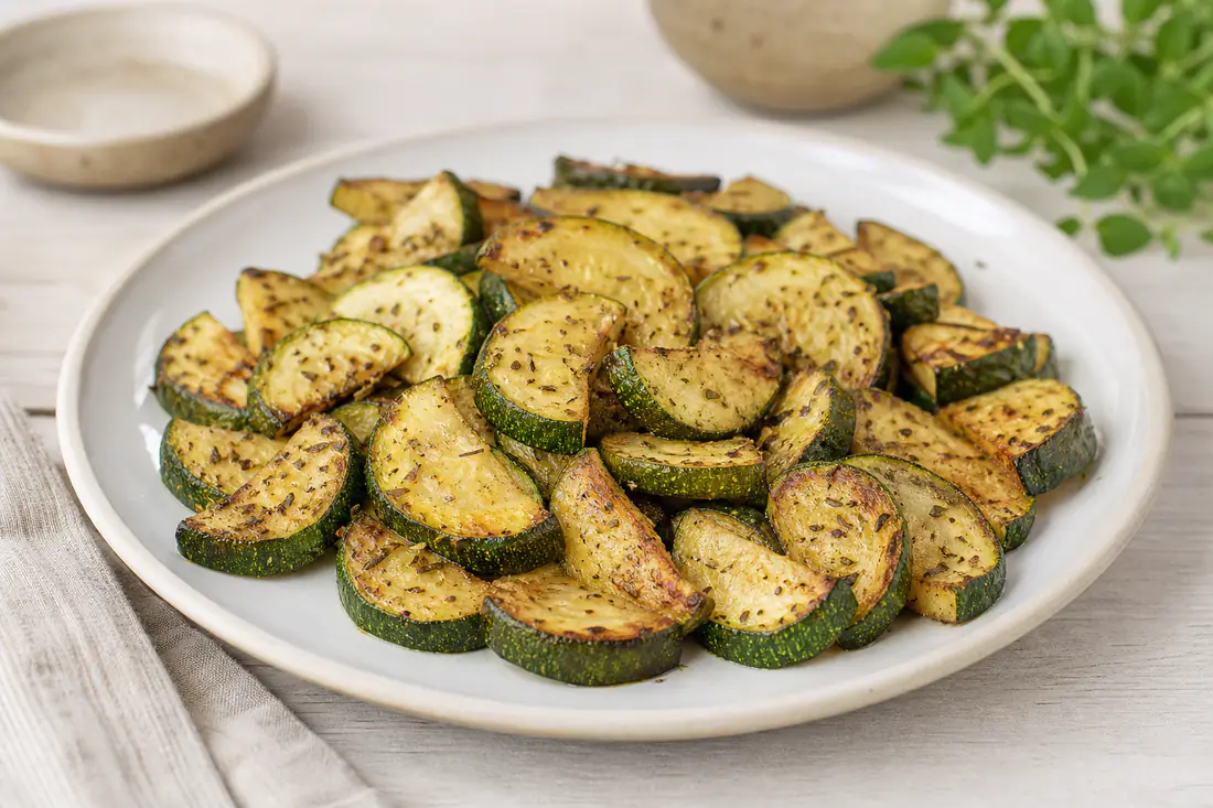 Stekte halvmåner av grønn squash med brune kanter og oregano på en hvit tallerken